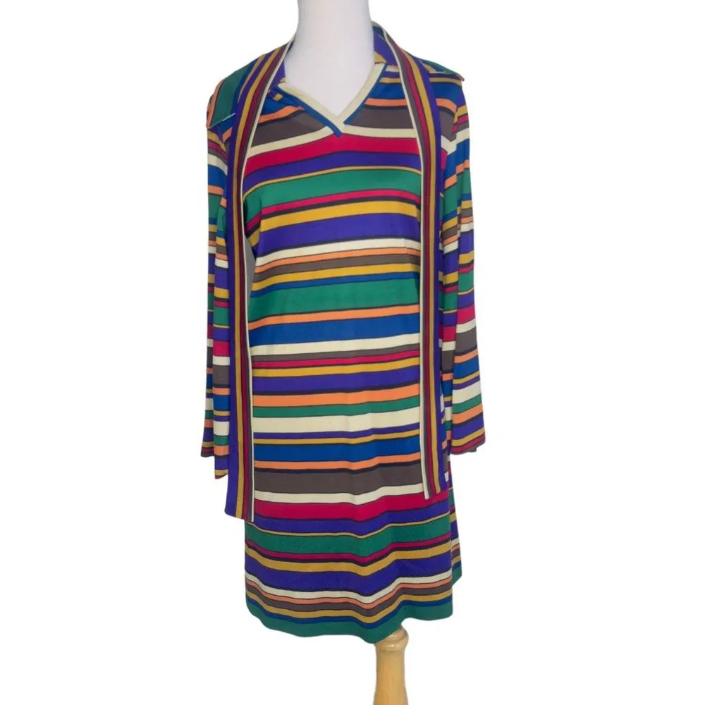 Sunny South Fashions of Dallas Striped Silk Knit Dress Vintage 1970s Rainbow - Picture 8 of 12